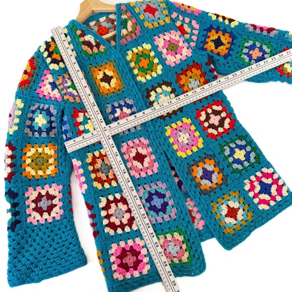 Womens Medium Large Granny Square Crochet Knit Cardigan Sweater Boho - Picture 7 of 7